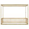 Twin Size Canopy Frame Floor Bed with Fence, Guardrails,Natural