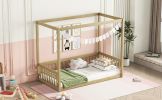 Twin Size Canopy Frame Floor Bed with Fence, Guardrails,Natural