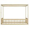 Twin Size Canopy Frame Floor Bed with Fence, Guardrails,Natural